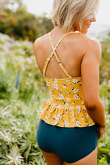 Gold With Daisy Print Top With Navy Bottom Ruffle Hem Cross-back Square Neckline Two Piece Tankini Set