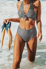 Black & White Check Knot Cross-back V-neck Two Piece Bikini Set