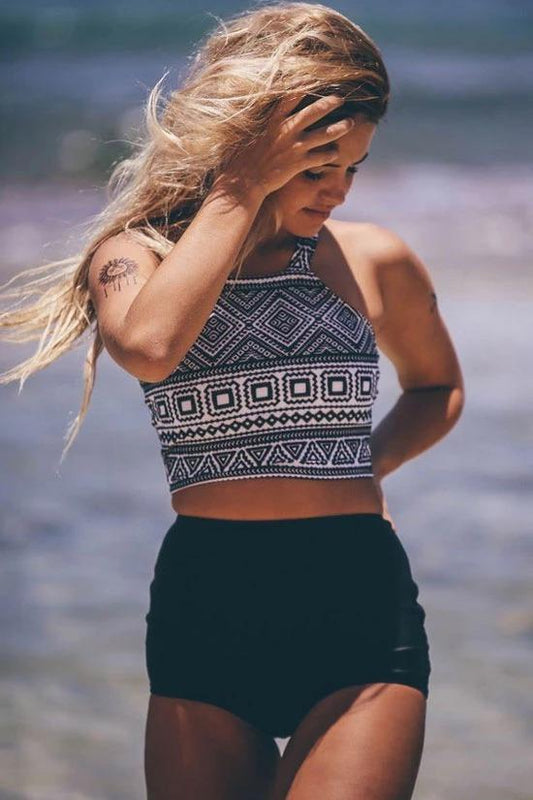 Geometric Pattern Print Top With Black Bottom Ethnic High Waist High Neck Crop Two Piece Bikini Set