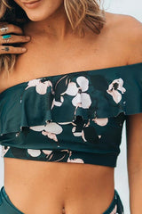 Teal With Flowers One Shoulder Ruffles Two Piece Bikini Set