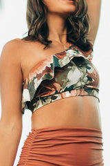 Floral Top With Orange Bottom One Shoulder Ruffles Two Piece Bikini Set