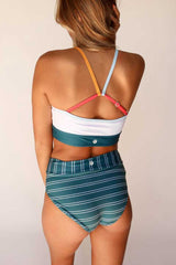 Sea Salt Top With Stripe Bottom Halter Mid-Waisted Scoopneck Two Piece Bikini Set