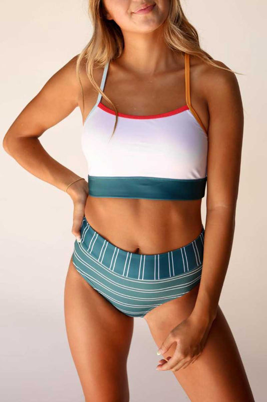 Sea Salt Top With Stripe Bottom Halter Mid-Waisted Scoopneck Two Piece Bikini Set