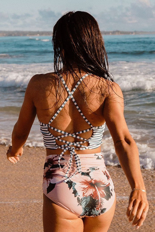 Stripe Top With Floral Bottom Self-tie Cross-back High Neck High Waist Two Piece Bikini Set