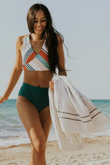 Multi Stripe Top With Green Bottom Thick Straps V-neck Two Piece Bikini Set