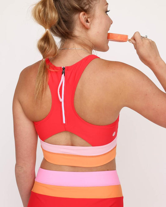 Sherbet & Pink & Orange Spliced Mid Waist Scoopneck Zip Back Two Piece Bikini Set