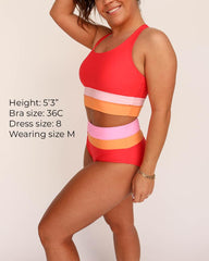 Sherbet & Pink & Orange Spliced Mid Waist Scoopneck Zip Back Two Piece Bikini Set