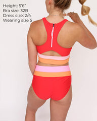 Sherbet & Pink & Orange Spliced Mid Waist Scoopneck Zip Back Two Piece Bikini Set