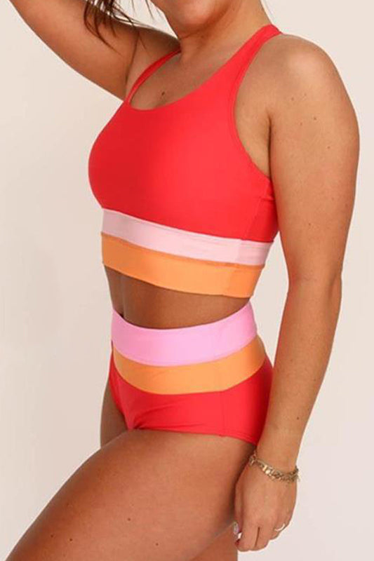 Sherbet & Pink & Orange Spliced Mid Waist Scoopneck Zip Back Two Piece Bikini Set