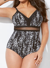 Black And White Mesh V-neck Tank One Piece Swimsuit