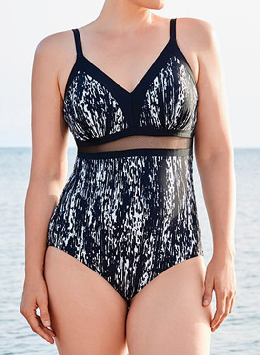 Black And White Mesh V-neck Tank One Piece Swimsuit