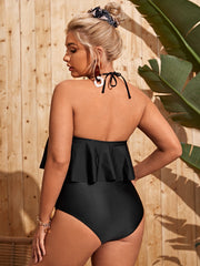 Back Self-tie Halter Straps Ruffles One Piece Swimsuit