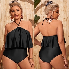 Back Self-tie Halter Straps Ruffles One Piece Swimsuit