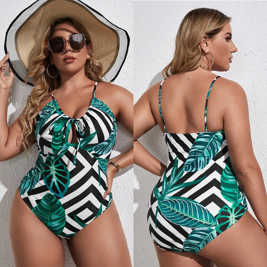 Black & White With Palm Leaves Drawstring Front Sweetheart Neckline One Piece Swimsuit