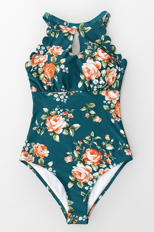 Teal With Bouquet Floral Scalloped High Neck Cross-back One Piece Swimsuit