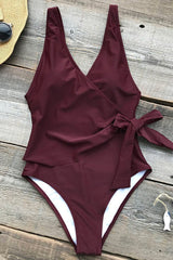 Wine Red/Black/Red/Navy/Royal Side-tie V-neck One Piece Swimsuit