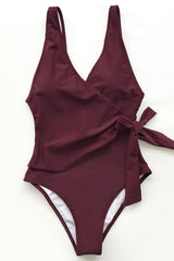 Wine Red/Black/Red/Navy/Royal Side-tie V-neck One Piece Swimsuit