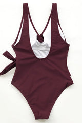 Wine Red/Black/Red/Navy/Royal Side-tie V-neck One Piece Swimsuit