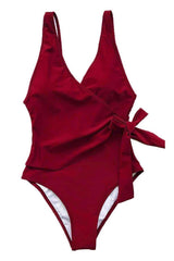 Wine Red/Black/Red/Navy/Royal Side-tie V-neck One Piece Swimsuit