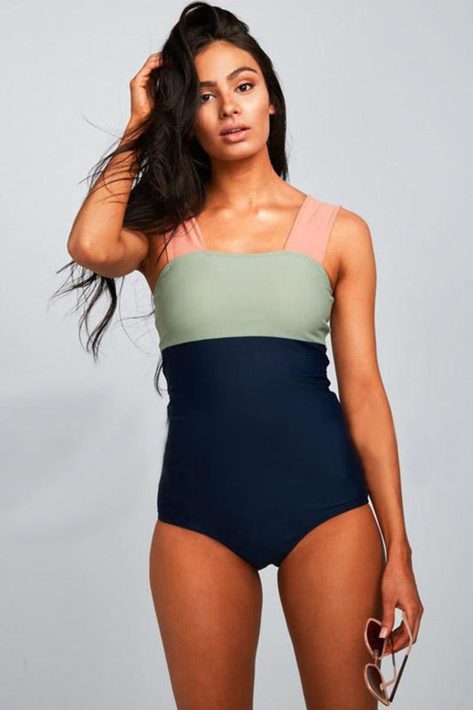 Pink & Mint & Black Colorblock Bandeau Square Neck One Piece Swimsuit