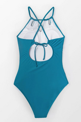 Turquoise Halter Lace-Up High Neck One Piece Swimsuit