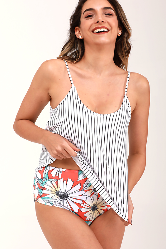 Stripe Top With Flower Bottom Cute Spaghetti Strap U-neck Two Piece Tankini Set