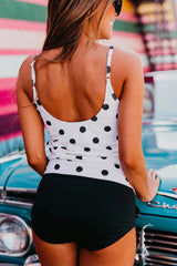 White With Polka Dot Top With Black Bottom Blouson Tie Front Scoopneck Two Piece Tankini Set