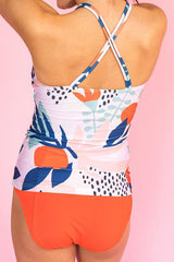 Abstract Floral Top With Orange Bottom Double-Cinch High Neck Two Piece Tankini Set